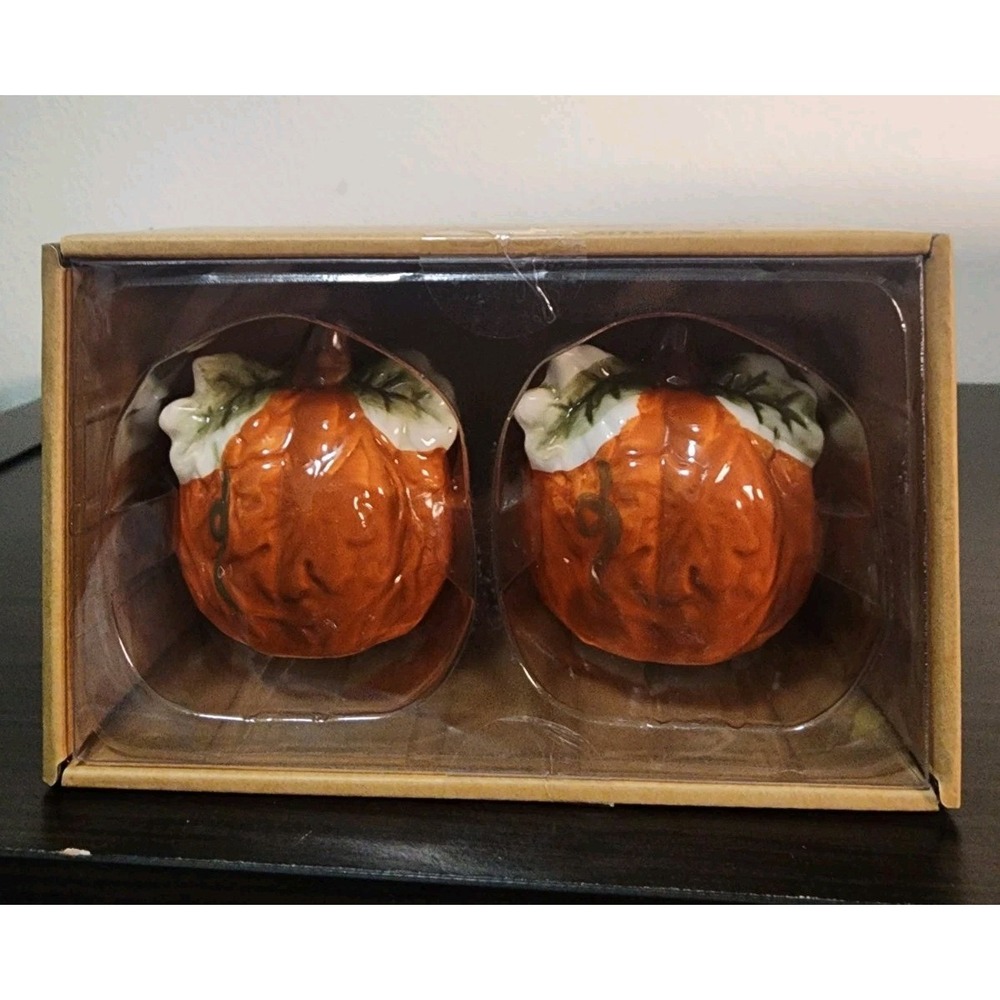 Harvest Falls Pumpkin Salt & Pepper Shakers 2pc Ceramic Fall Thanksgiving NIB